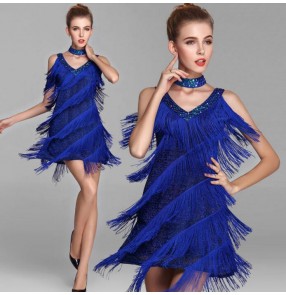 Royal blue black and silver gold fringes sequins v neck women's ladies female competition performance latin salsa dance dresses outfits